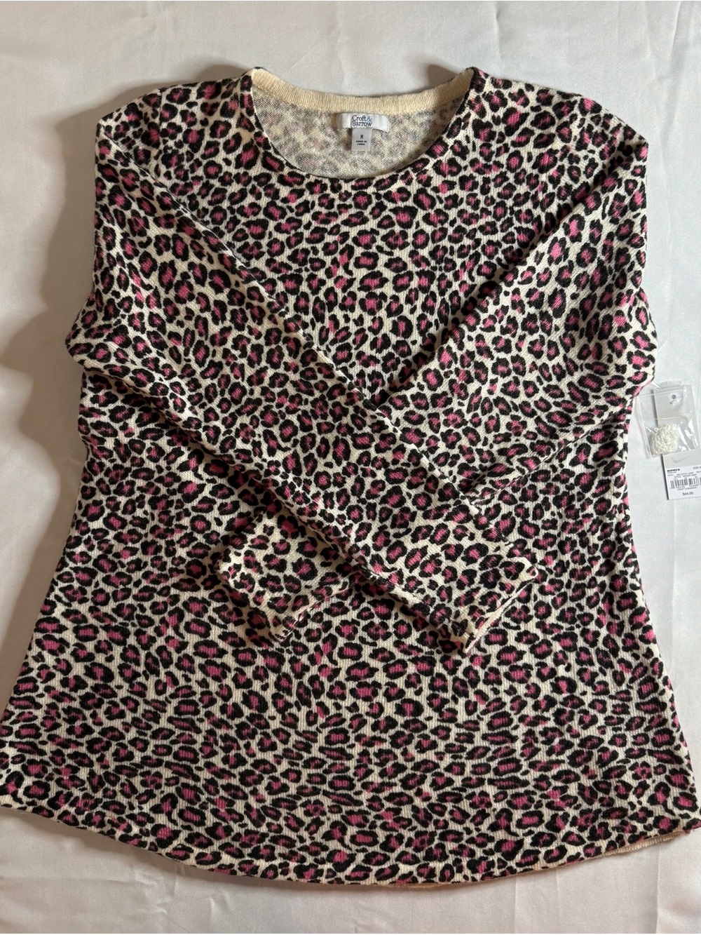 croft & barrow Cream and Pink Leopard Print Crew Neck Sweater - Picture 3 of 13
